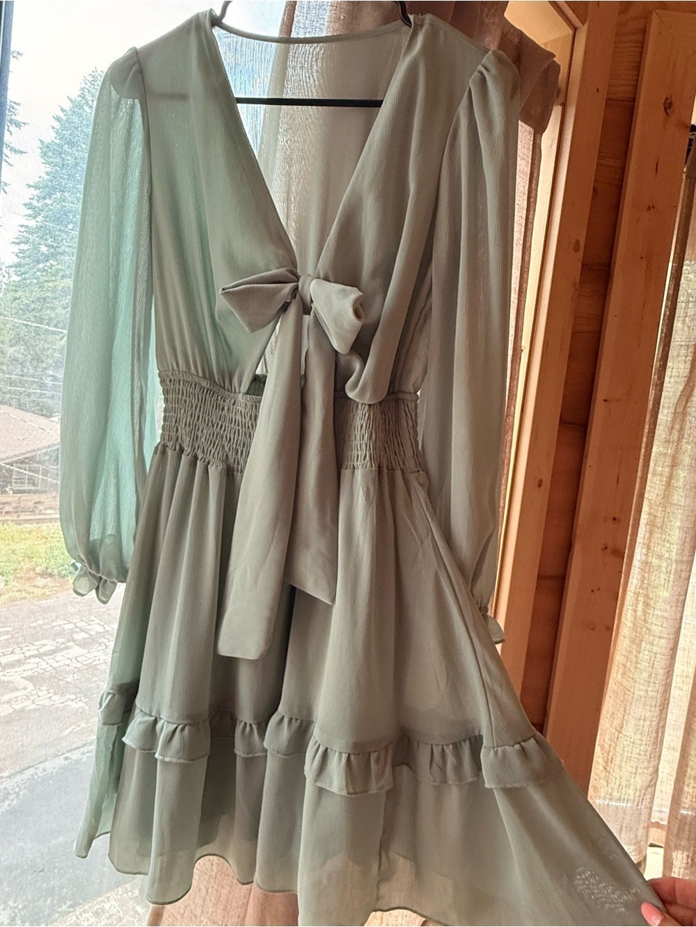 Tie Front Mini Dress XS Long Sleeve Ruffle Cottagecore Boho